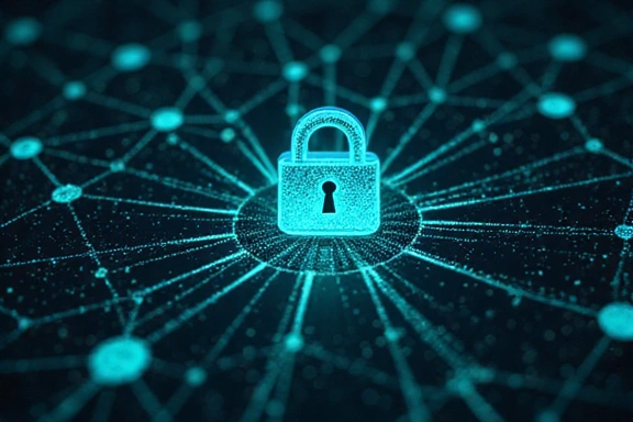 Ilustrasi kunci gembok digital di tengah jaringan data, melambangkan keamanan siber